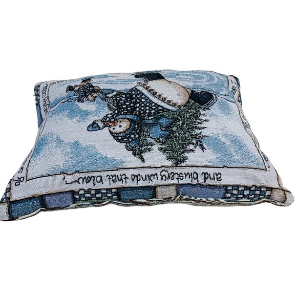 Winter Decorative Tapestry Throw Pillow Ice Skating Snowman Baby Bear Signed - Picture 6 of 9